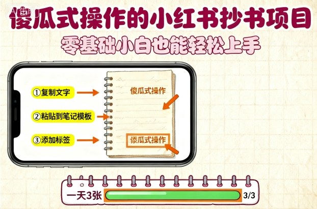 瓜式操作的小红书抄书项目，会复制粘贴就行，零基础小白也能一天3张-pojian