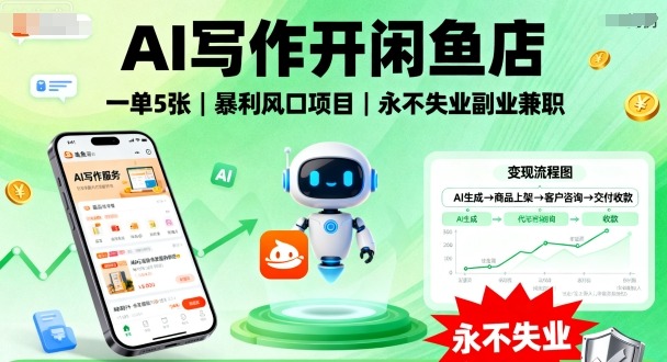 AI写作开闲鱼店，一单5张，暴利风口项目，永不失业副业兼职【全网首发】-pojian