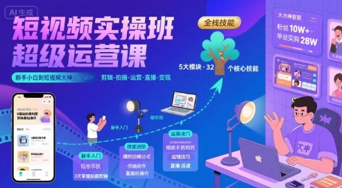 短视频实操班超级运营课，新手小白到短视频大神必修课程，剪辑-拍摄-运营-直播-变现-pojian