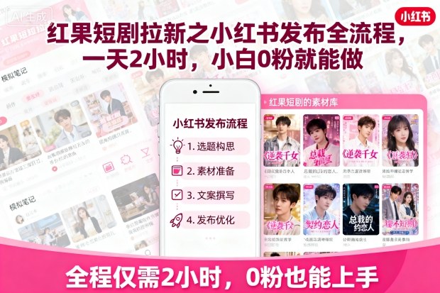 红果短剧拉新之小红书发布全流程，一天2小时，小白0粉就能做-pojian