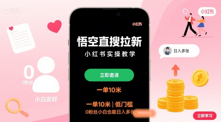 悟空直搜拉新小红书实操教学，一单10米，低门槛，0粉丝小白也能日入多张-pojian