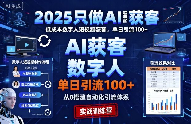 2025只做AI获客，AI超级获客实训营，低成本数字人短视频获客，单日引流100+-pojian