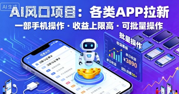 AI风口项目，各类APP拉新，一部手机就可以操作，收益上限高，可批量操作-pojian
