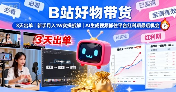 B站好物带货，3天出单，新手月入1W实操拆解，AI生成视频，抓住平台红利期最后机会-pojian